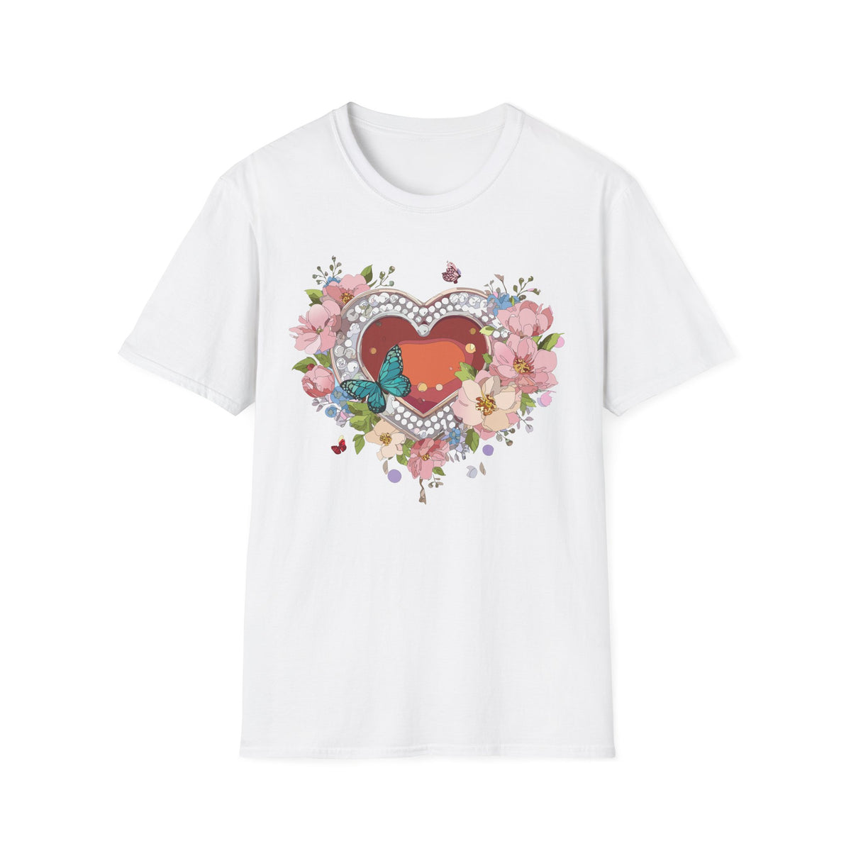 Heart with Floral Wreath and Butterfly T-Shirt | Romantic Floral Tee