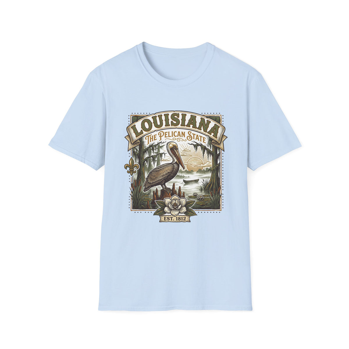 Louisiana Pelican State T-Shirt – Vintage Travel Tourist Graphic Design Unisex 100 Cotton Gildan T-Shirt