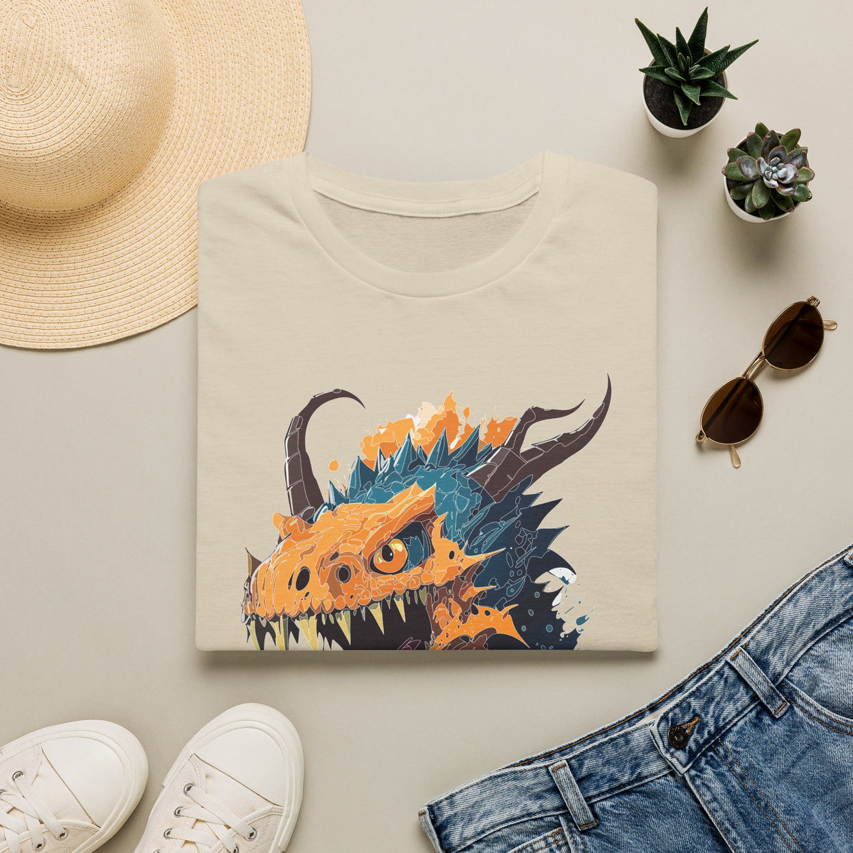 Dragon Head Graphic T-Shirt — Fiery Monster Art Cartoon Graphic Tee Unisex 100 Cotton Gildan T-Shirt