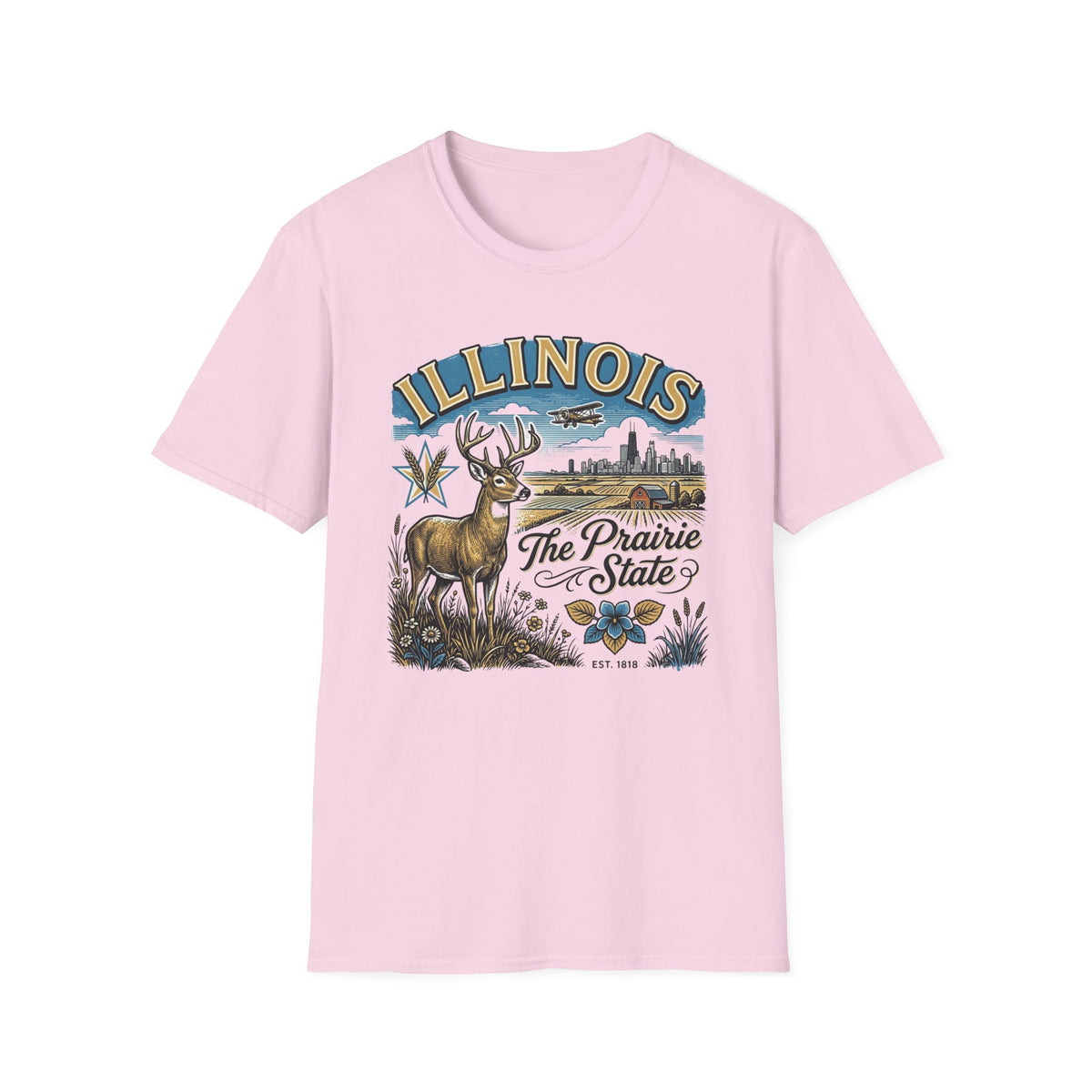 Illinois The Prairie State T-Shirt — Deer & Skyline Vintage Travel Tourist Graphic Tee Unisex 100 Cotton Gildan T-Shirt