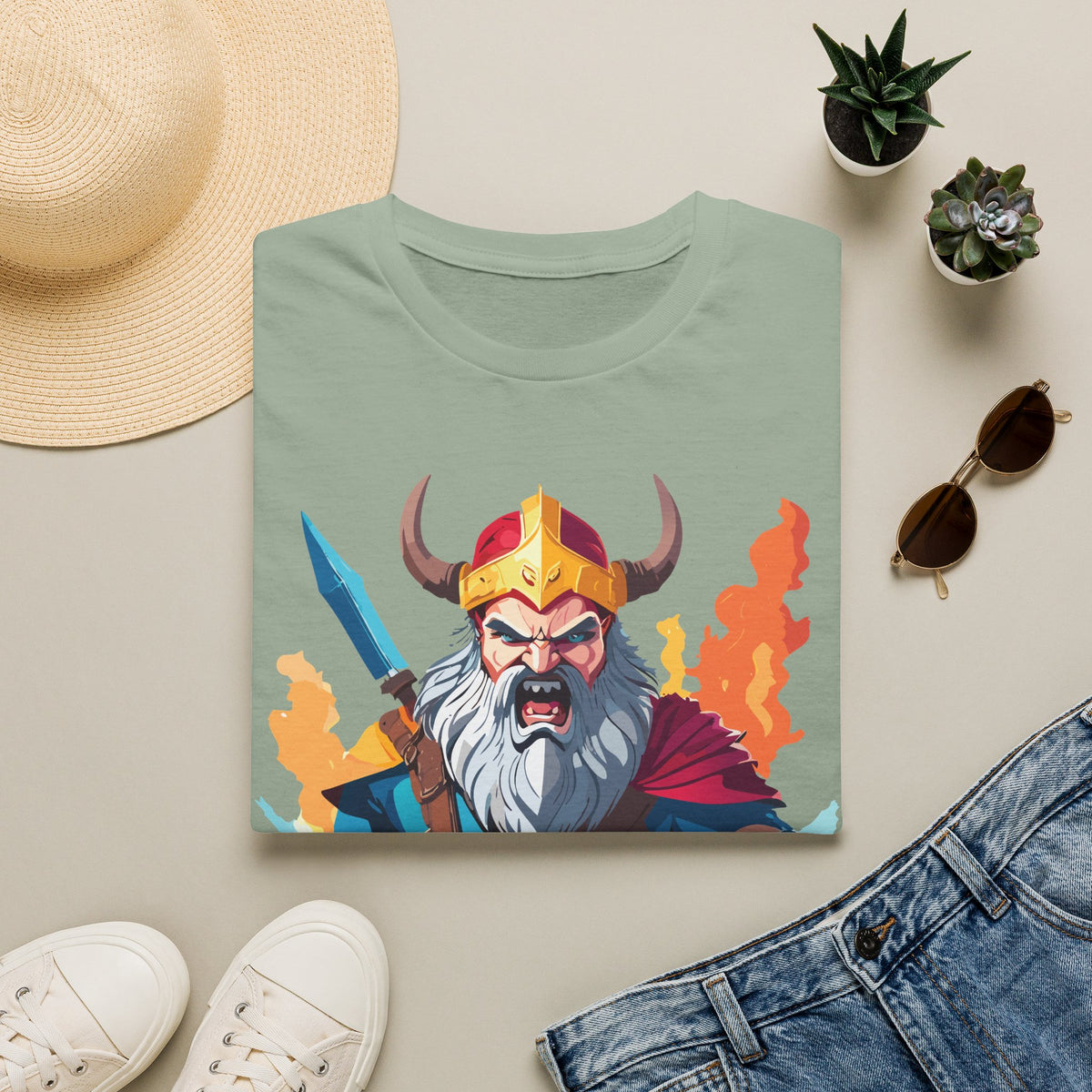 Viking Warrior Illustration T-Shirt | Horned Helmet, Sword, Flames