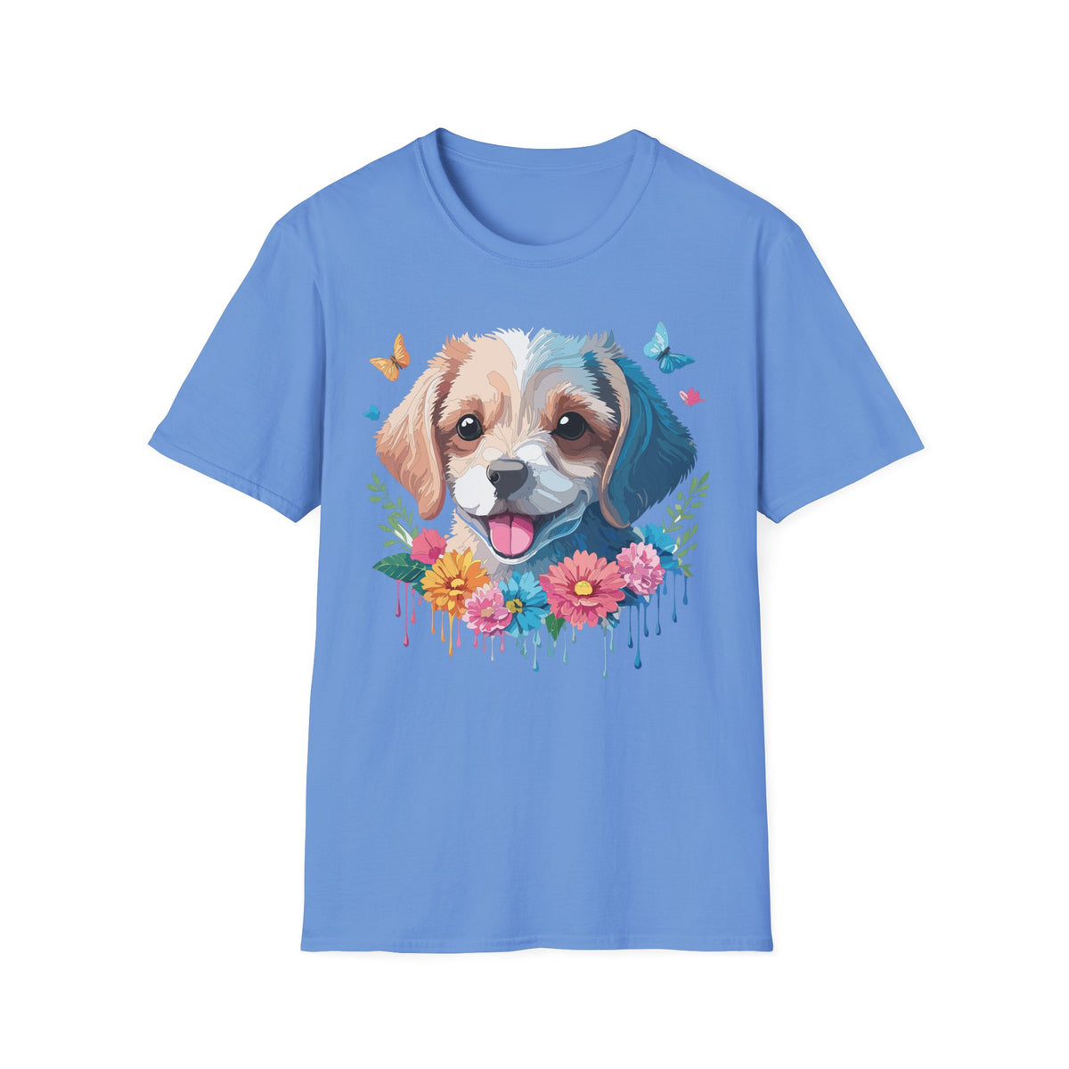 Happy Puppy Face T-Shirt | Cute Dog Portrait, Flowers & Butterflies