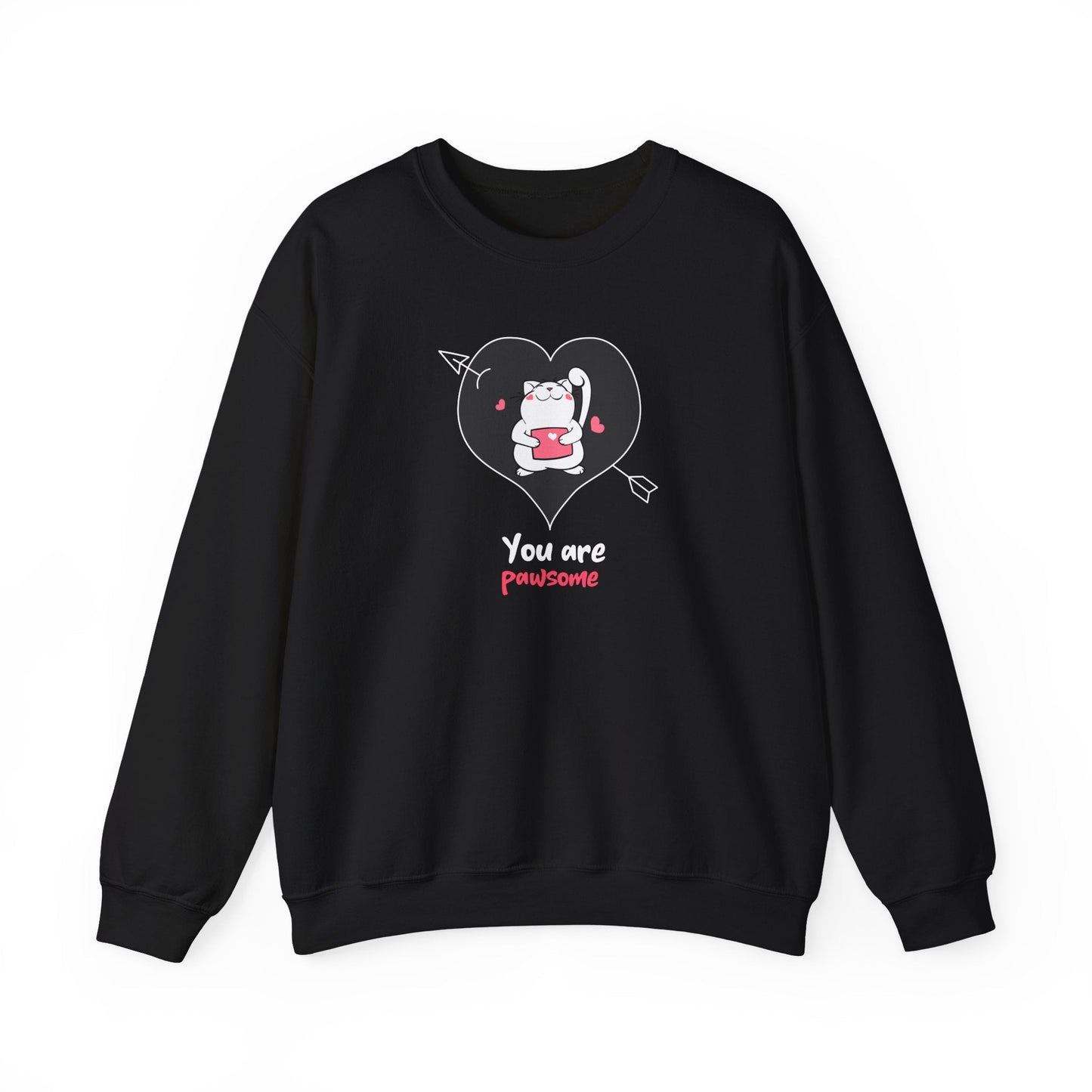 Cat Heart Sweatshirt Unisex Valentines Day Fifty Fifty Cotton Poly Crewneck Gildan 18000