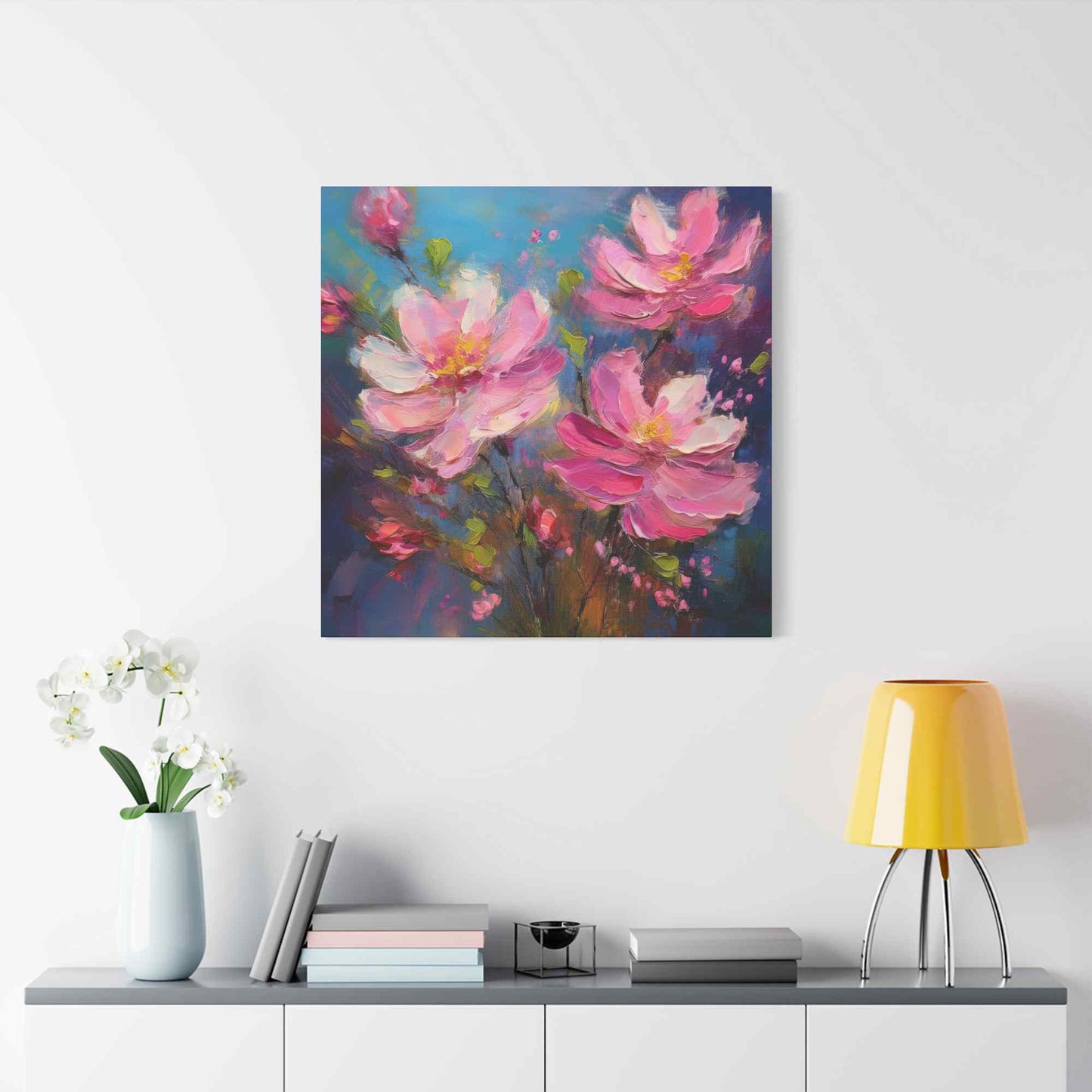 Pink Flowers Print Canvas, Pink Flowers Oil Paint Print 20x20, 24x24, 30x30, 32x32, 36x36, Art Design Print Non-Frame MC-10