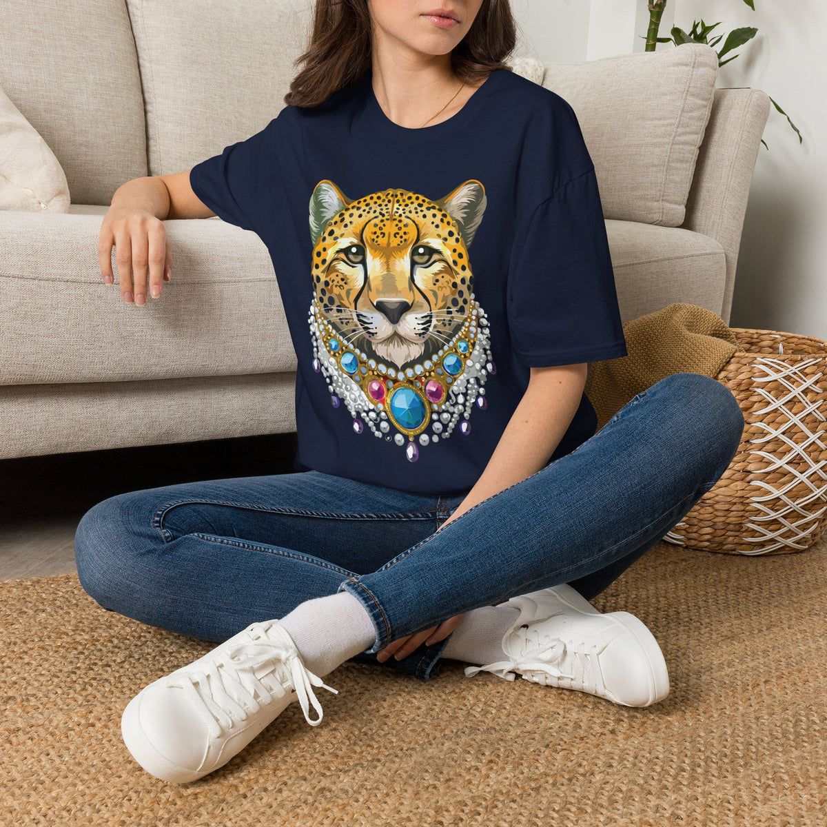 Leopard Portrait T-Shirt | Detailed Cheetah Face with Gem Necklace