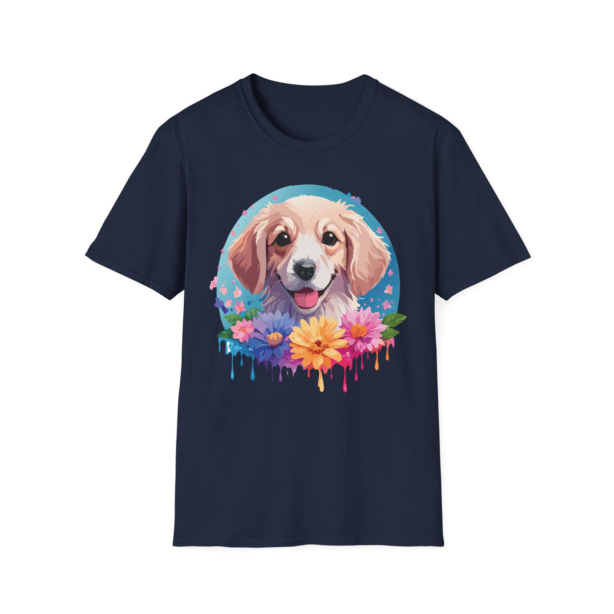 Happy Golden Retriever Portrait T-Shirt | Colorful Floral Dog Illustration
