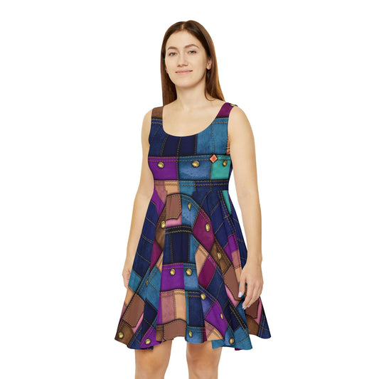 Women Denim Print Skater Dress, Denim Print Poly-Span Dress - 10