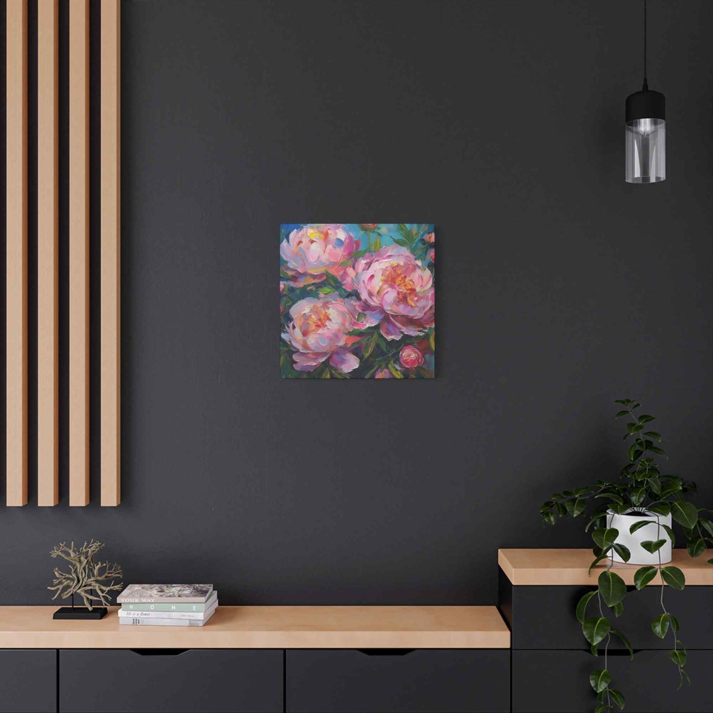 Pink Peonies Print Canvas, Floral Oil Paint Print 20x20, 24x24, 30x30, 32x32, 36x36 Art Design Pine-Wood Inner Frame MC-116
