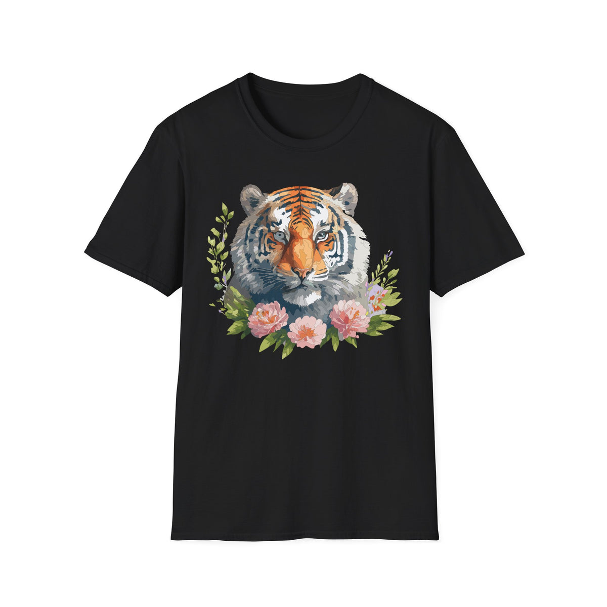 Watercolor Tiger Head T-Shirt | Floral Accents, Botanical Illustration