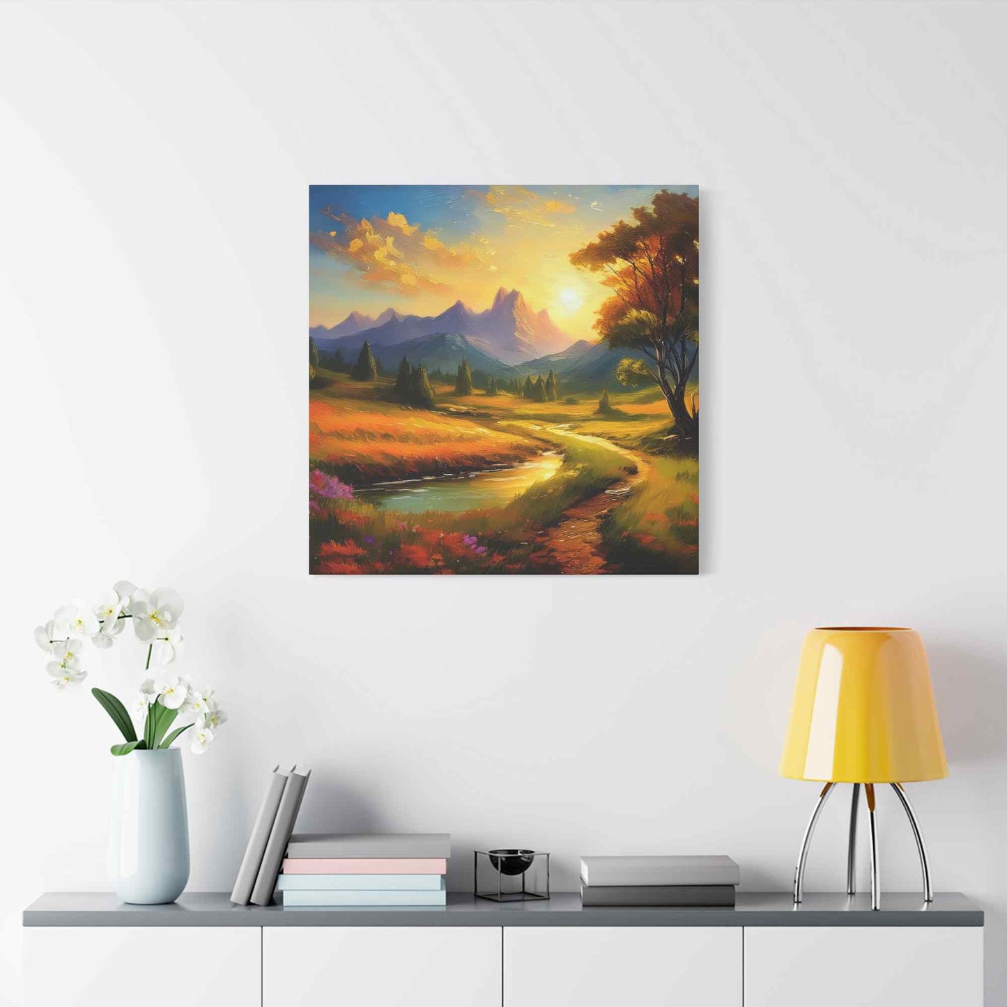 Landscape Print Canvas, Oil Paint Print 20x20, 24x24, 30x30, 32x32, 36x36 Art Design Print Pine-Wood Inner Frame MC-37
