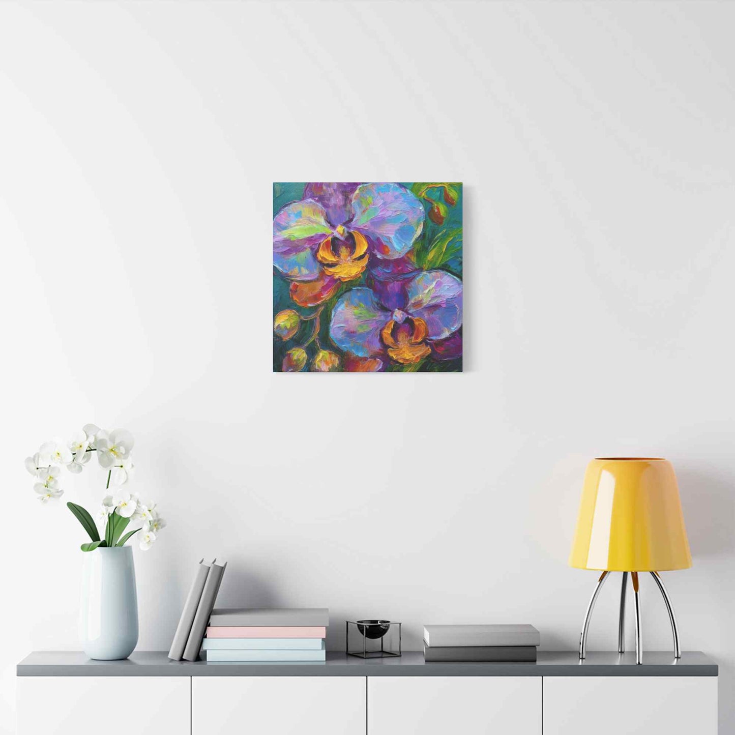 Blue Orchids Print Canvas, Floral Oil Paint Print 20x20, 24x24, 30x30, 32x32, 36x36 Art Design Pine-Wood Inner Frame MC-133