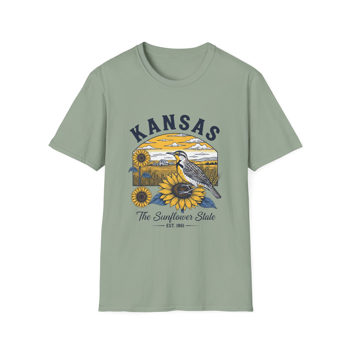 Kansas Sunflower State T-Shirt — Meadowlark Sunflowers Travel Tourist Graphic Design Unisex 100 Cotton Gildan T-Shirt