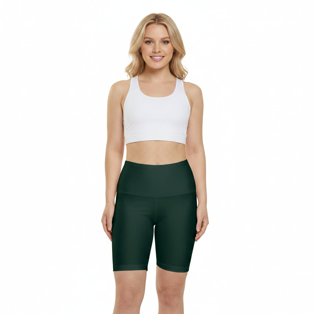 Evergreen Green Women’s High-Waist Workout Shorts — Forest Green Athletic Biker Shorts