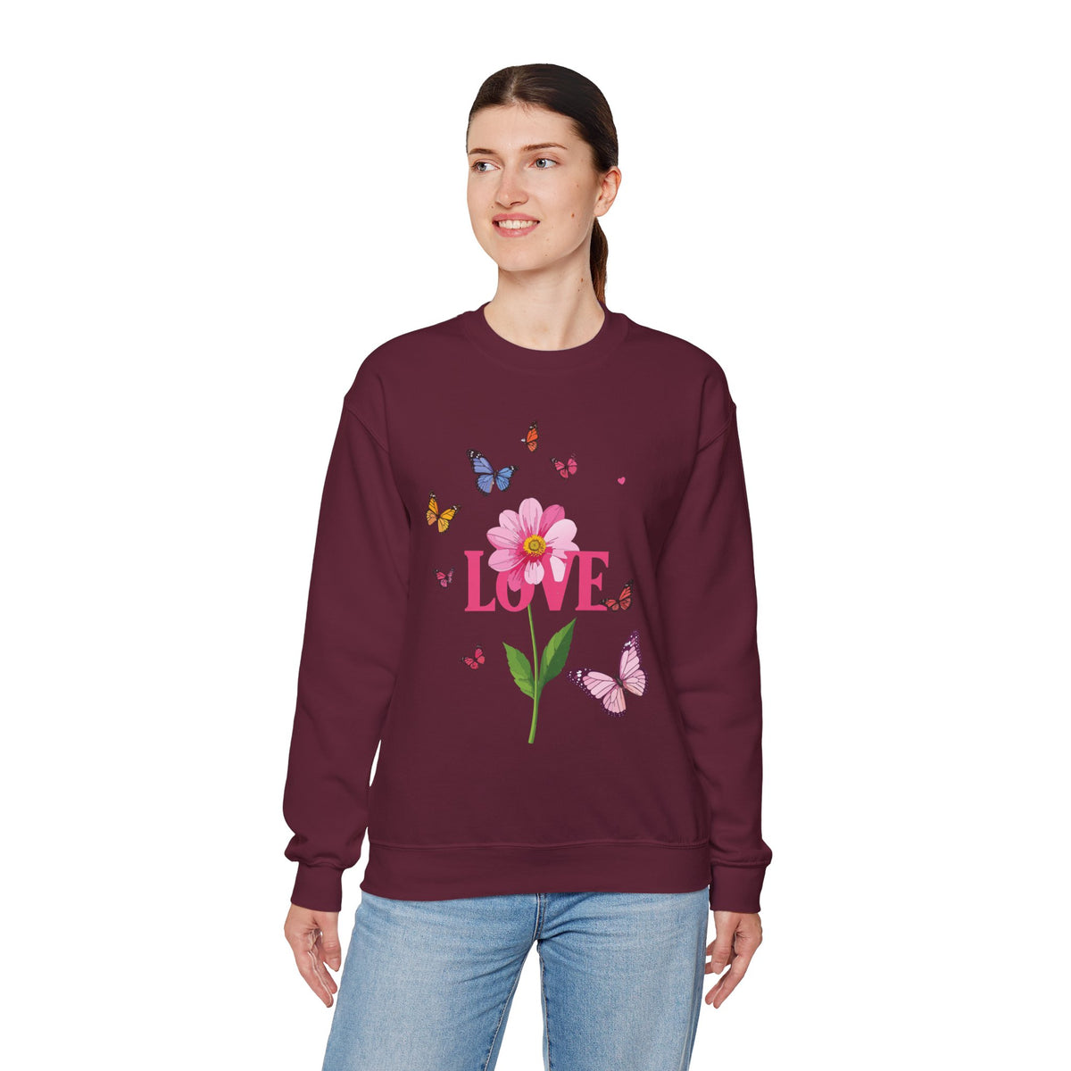 Unisex Floral Love Sweatshirt, Love Floral Sweatshirt, Floral Butterfly Sweatshirt, 50/50 Cotton-Poly Valentine's Day Sweatshirt 01