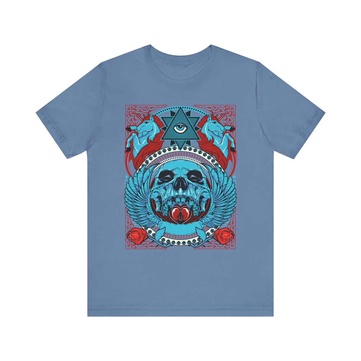 All-Seeing Skull Illustration Tee Winged Skull Third Eye Roses T-Shirt