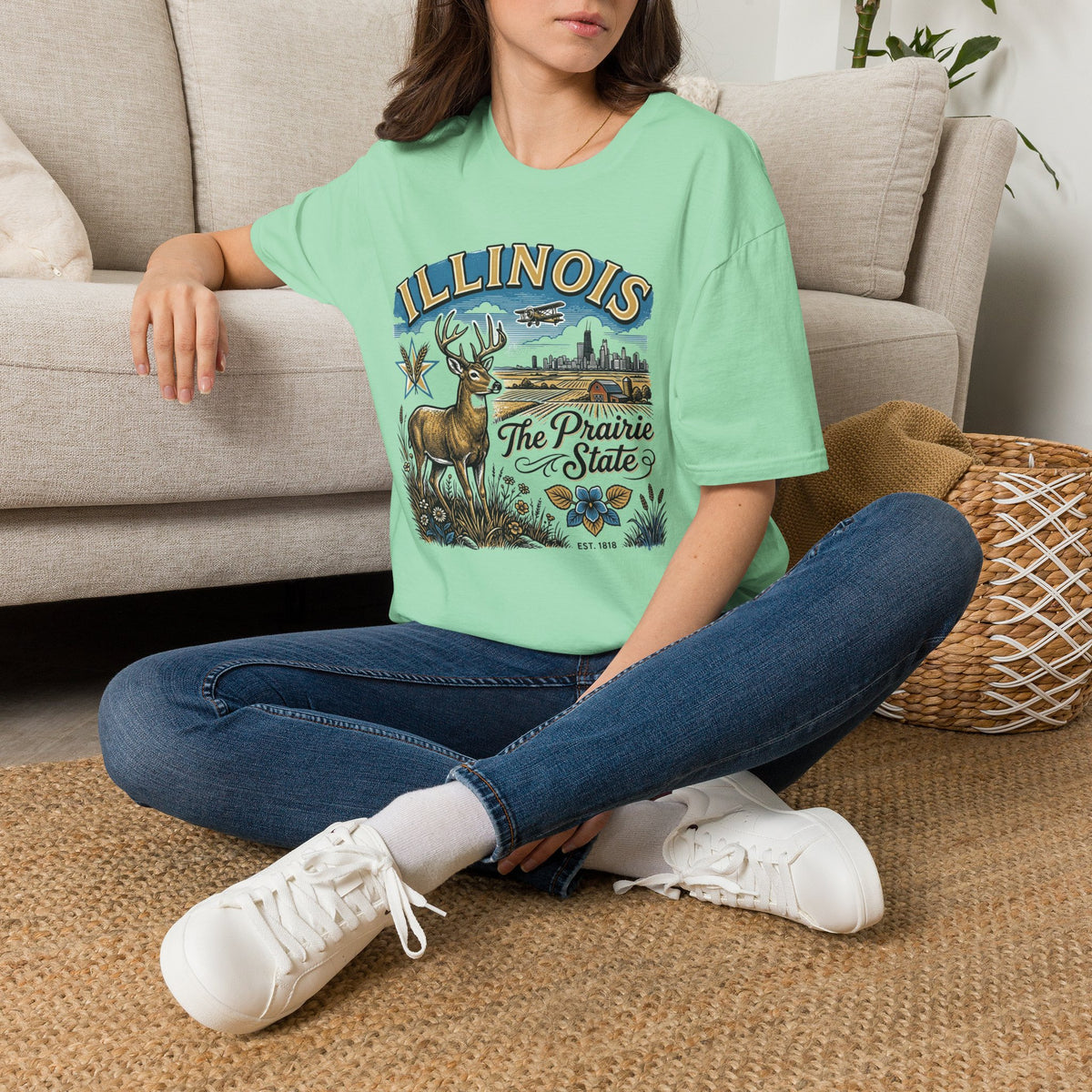 Illinois The Prairie State T-Shirt — Deer & Skyline Vintage Travel Tourist Graphic Tee Unisex 100 Cotton Gildan T-Shirt