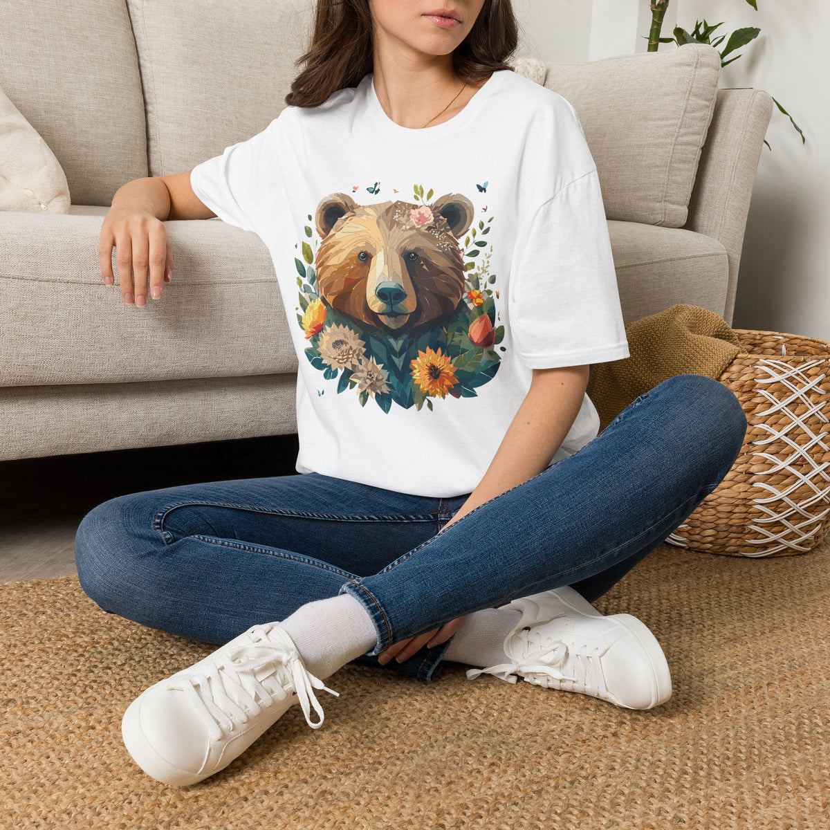 Floral Bear Illustration T-Shirt | Bear Face with Flowers