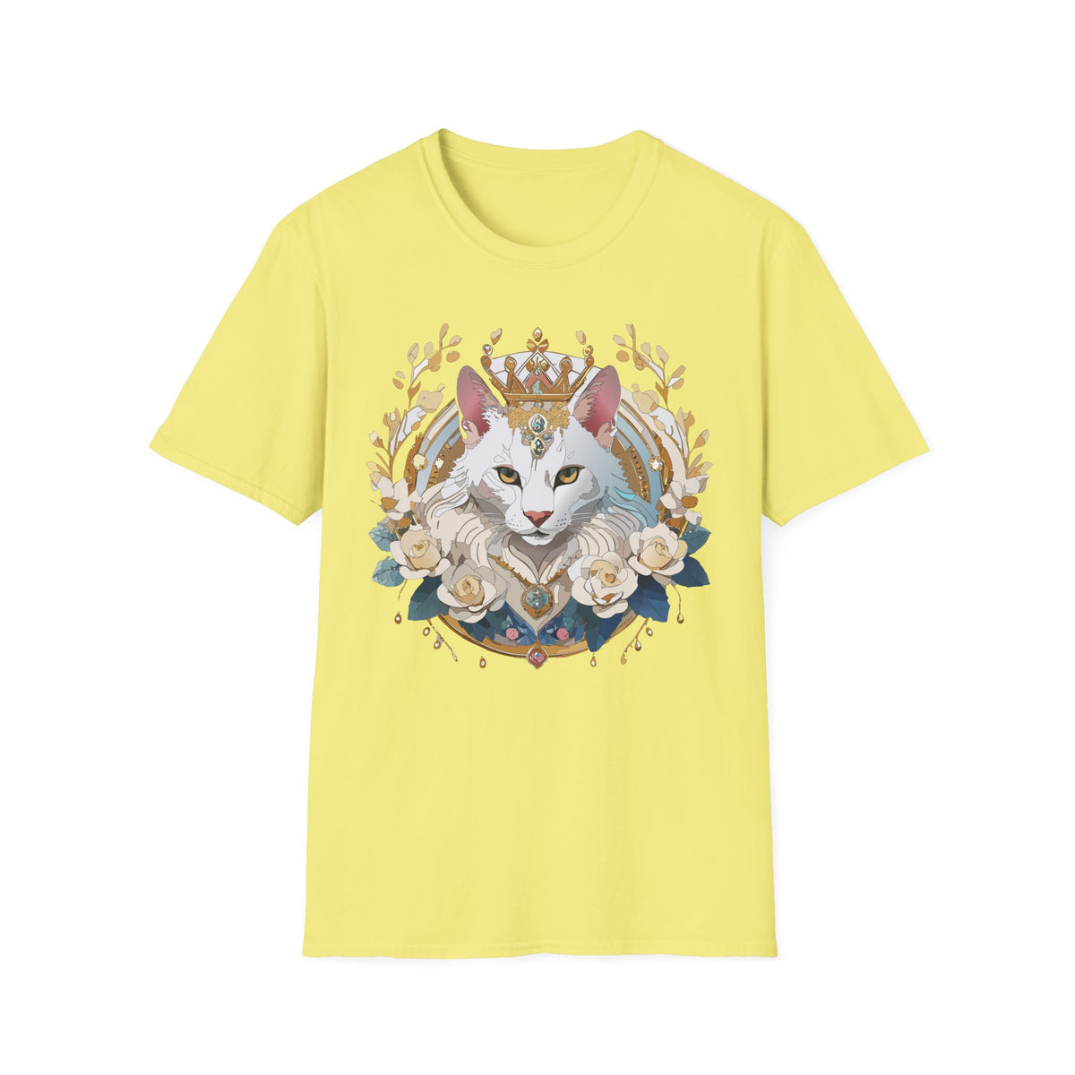 Regal White Cat Illustration T-Shirt | Crowned Feline, Floral Frame