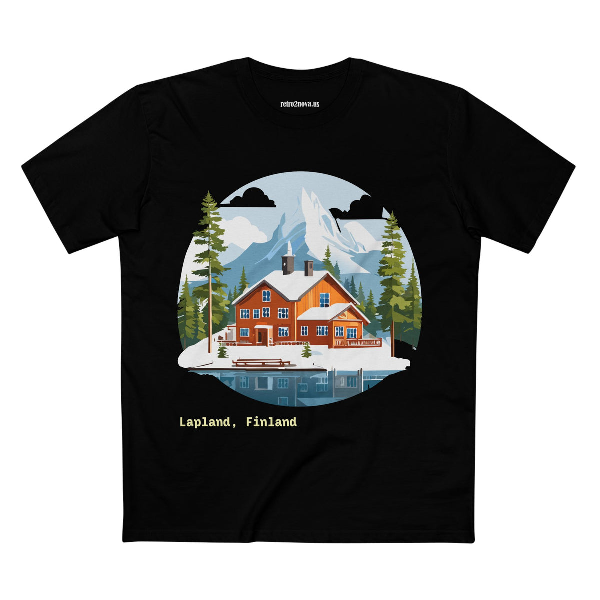Lapland Finland Cabin Tee | Winter Mountain Lake Illustration