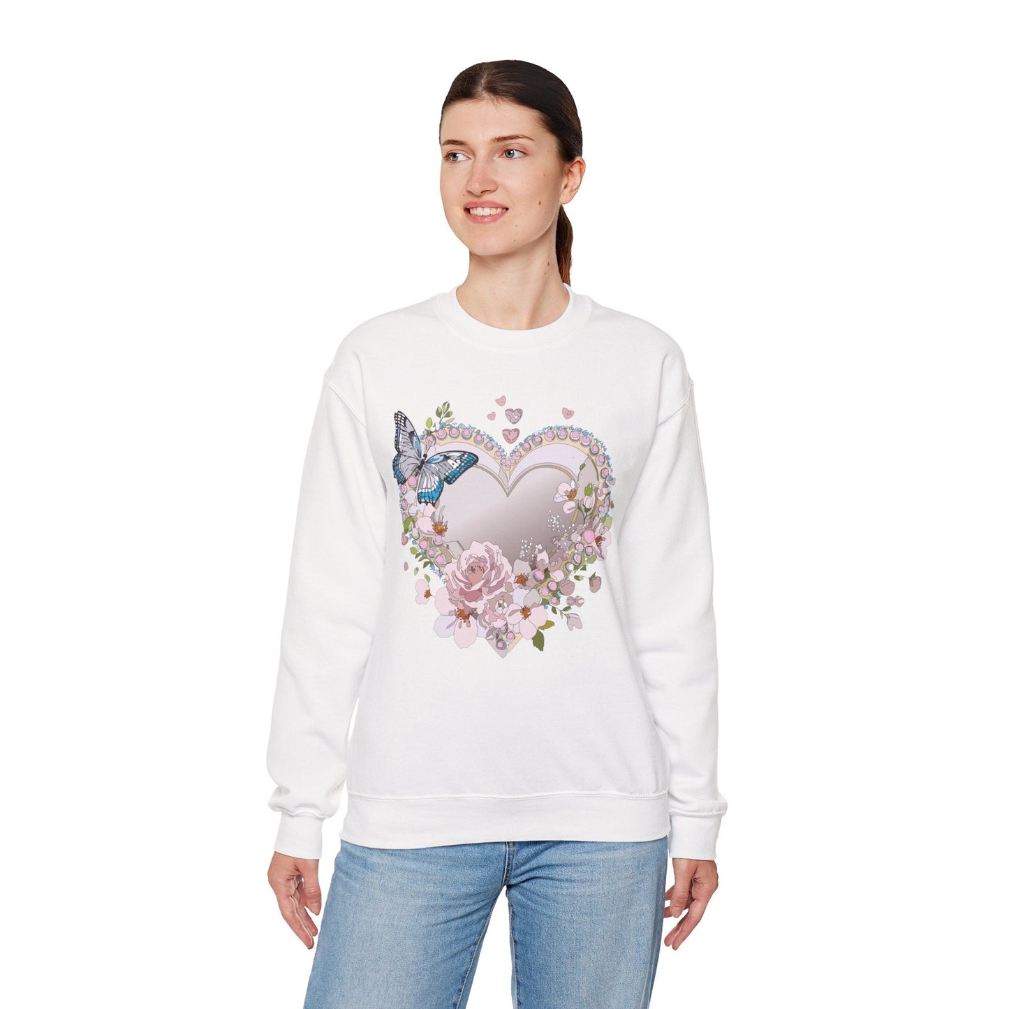 Unisex Floral Heart Sweatshirt For Valentines Day With Floral Love Print Crewneck Heavy Blend