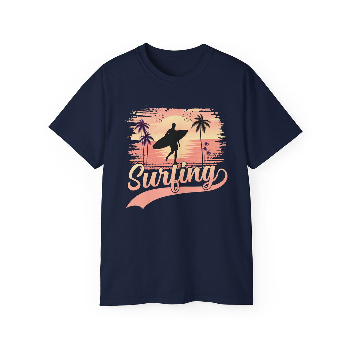 Surfing Silhouette Sunset T-Shirt | Palm Trees, Retro Wave Graphic