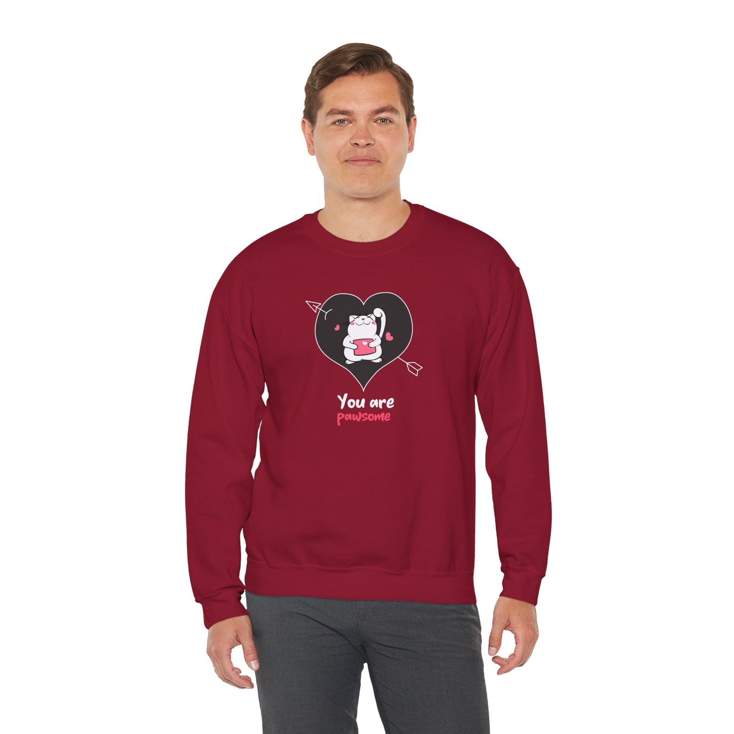 Cat Heart Sweatshirt Unisex Valentines Day Fifty Fifty Cotton Poly Crewneck Gildan 18000