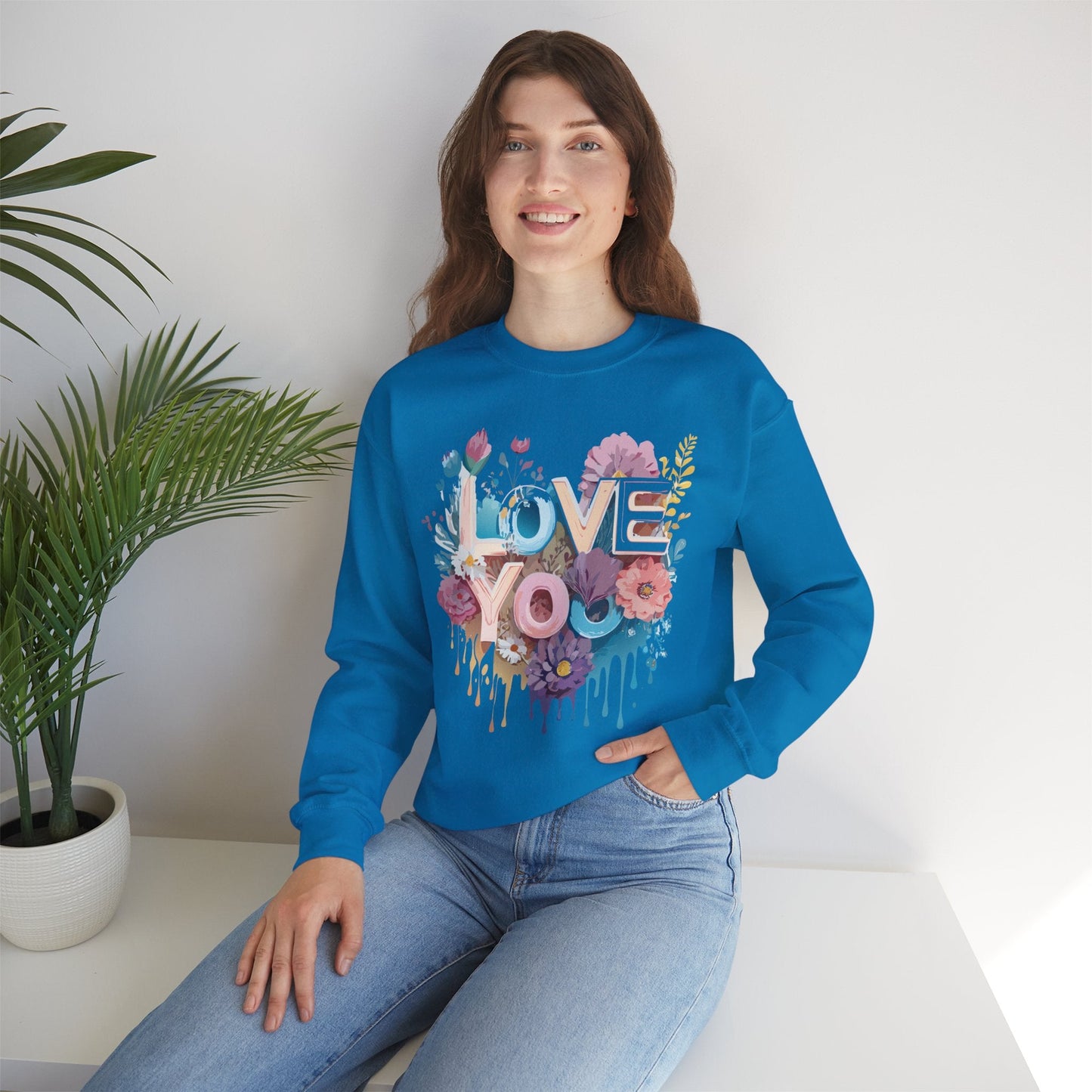 Floral Love Sweatshirt Unisex Heavy Blend Crewneck Valentine Day Flower Print Cozy Fleece Warm Gift