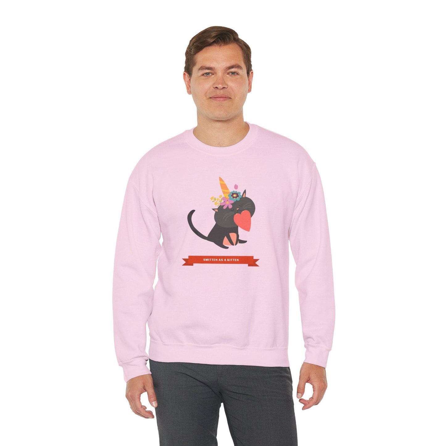 Cat Heart Sweatshirt Unisex Valentine Gift 50/50 Cotton-Poly Crewneck Gildan 18000