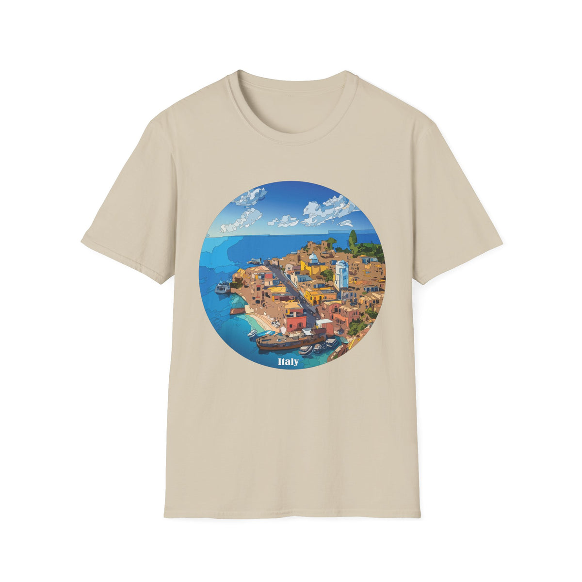 Italy Mediterranean Coastal Village Illustration T-Shirt | Seaside Landscape Tee