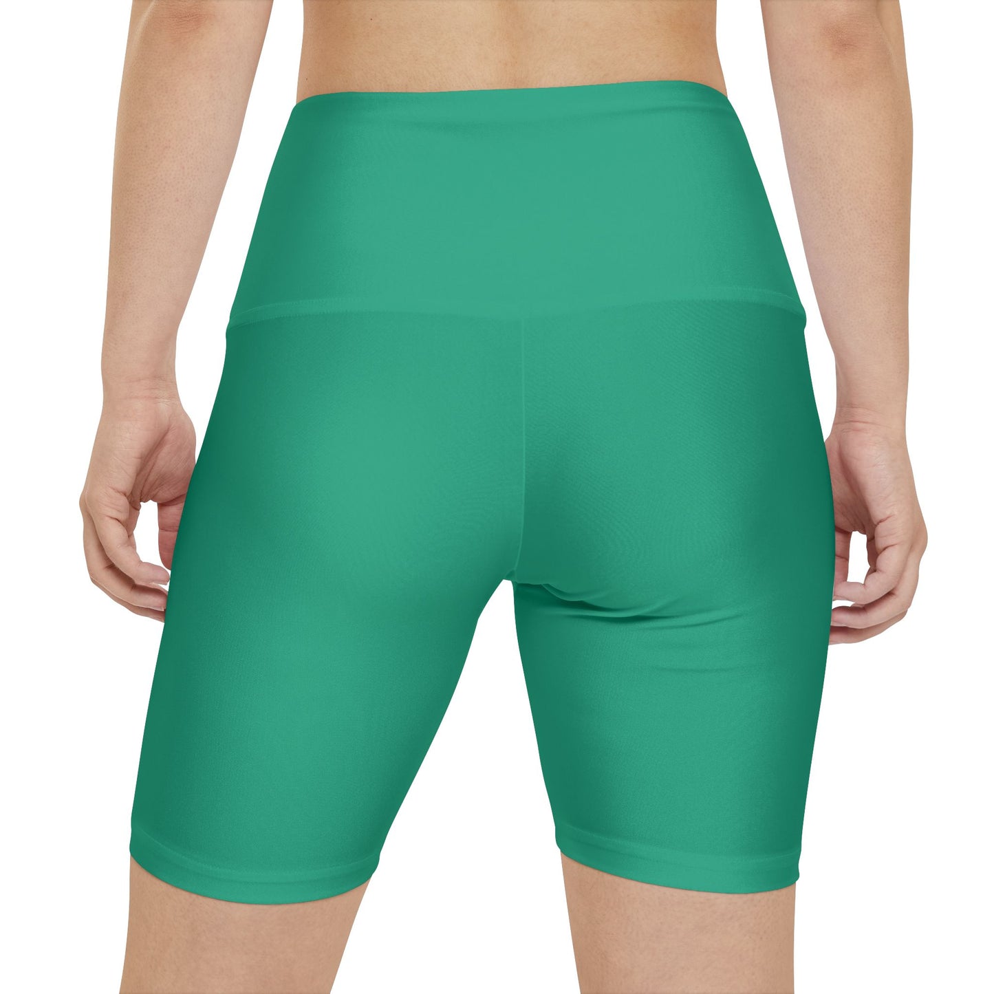 Seaweed Green Women's Workout Shorts — Solid Teal High-Waist Biker Shorts