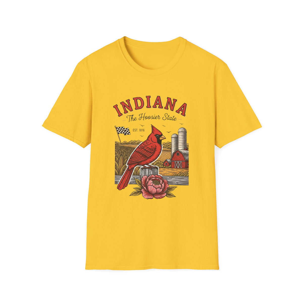 Indiana Cardinal Bird Farm Tee — Indiana The Hoosier State Graphic Travel Tourist Graphic Design Unisex 100 Cotton Gildan T-Shirt