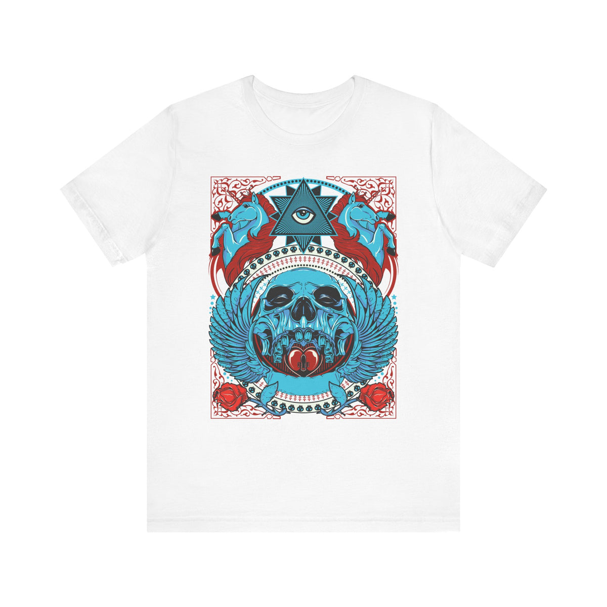 All-Seeing Skull Illustration Tee Winged Skull Third Eye Roses T-Shirt