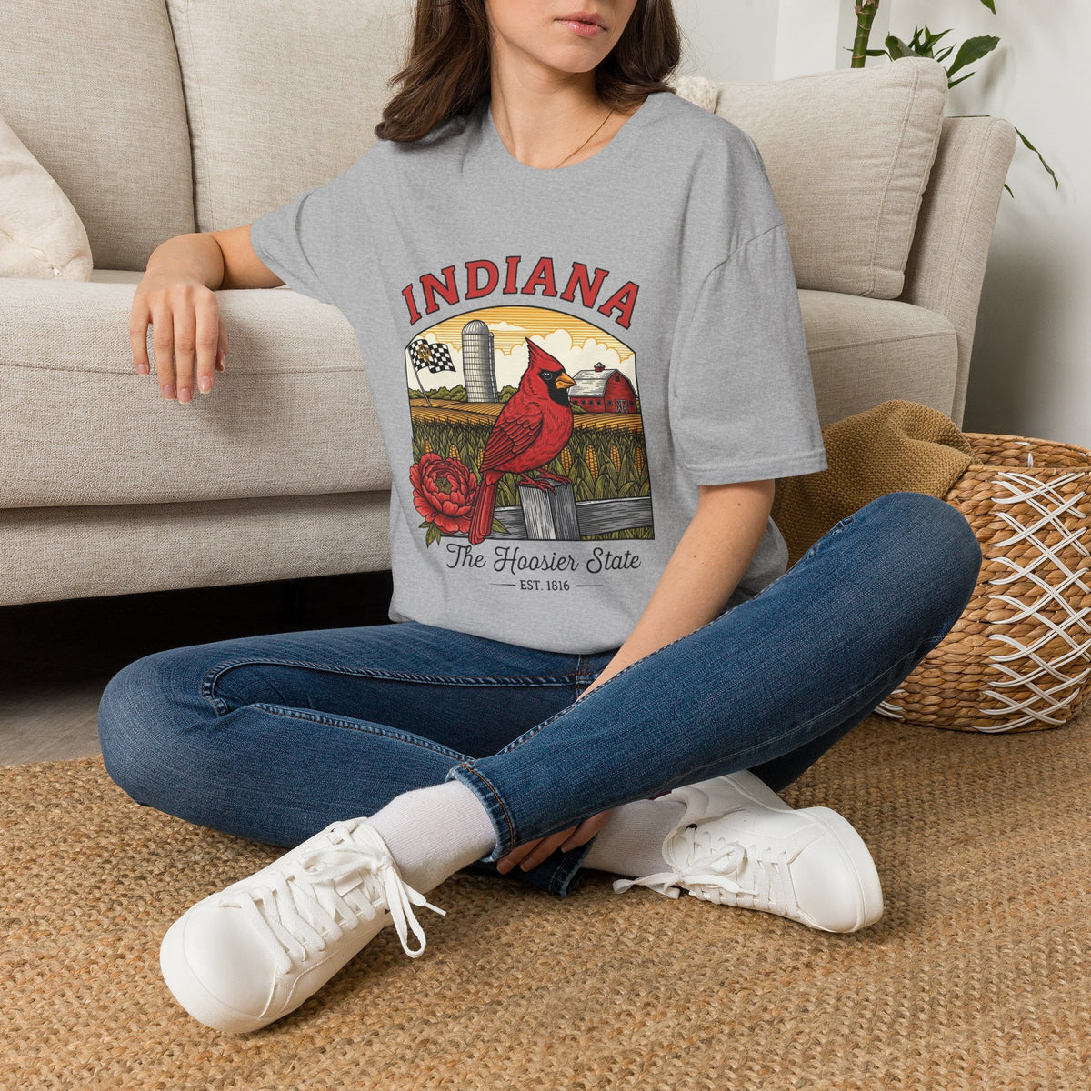 Indiana Cardinal Bird Tee — The Hoosier State Vintage Farm Design Travel Tourist Graphic Design Unisex 100 Cotton Gildan T-Shirt