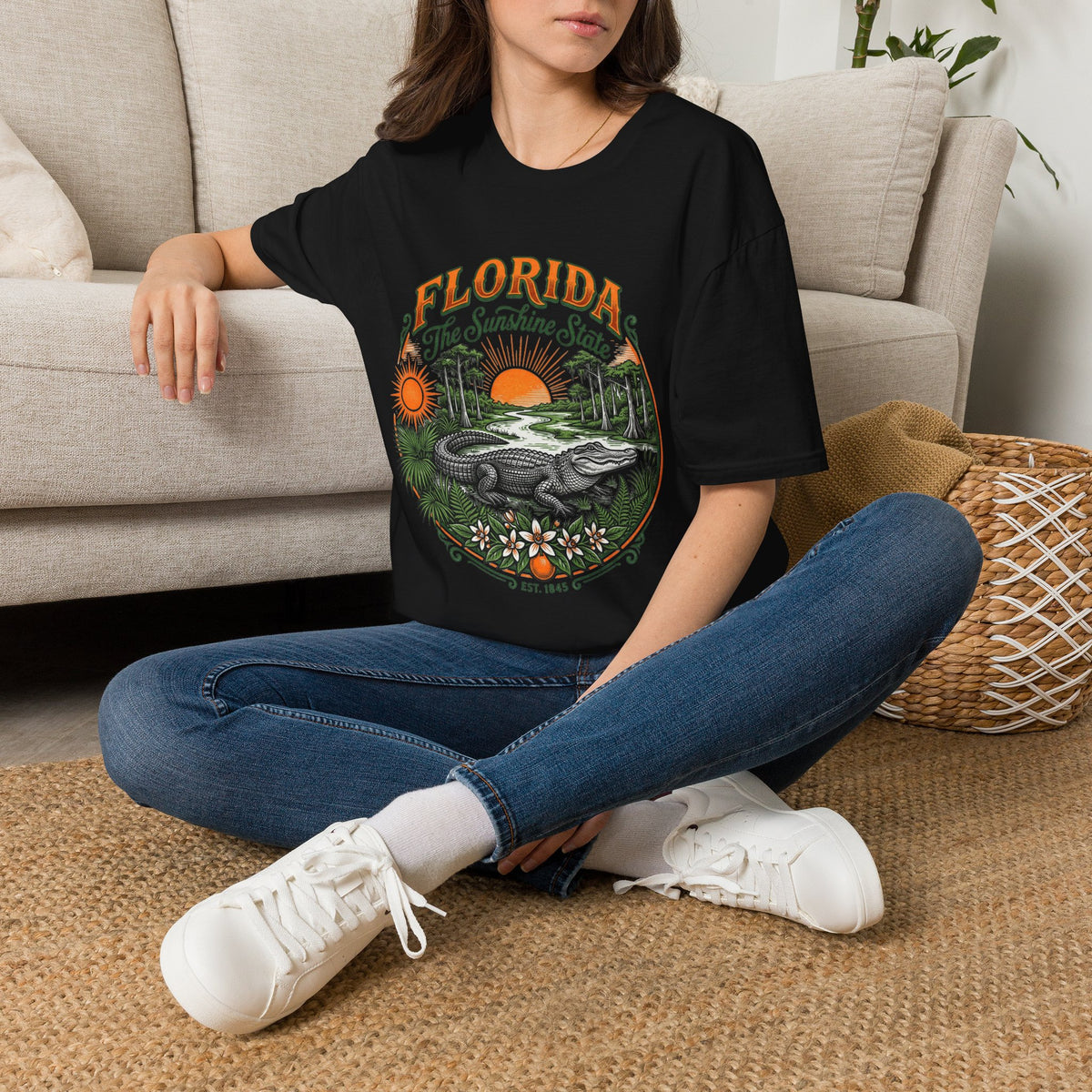 Florida The Sunshine State T-Shirt — Vintage Alligator Sunset Travel Tourist Graphic Design Unisex 100 Cotton Gildan T-Shirt
