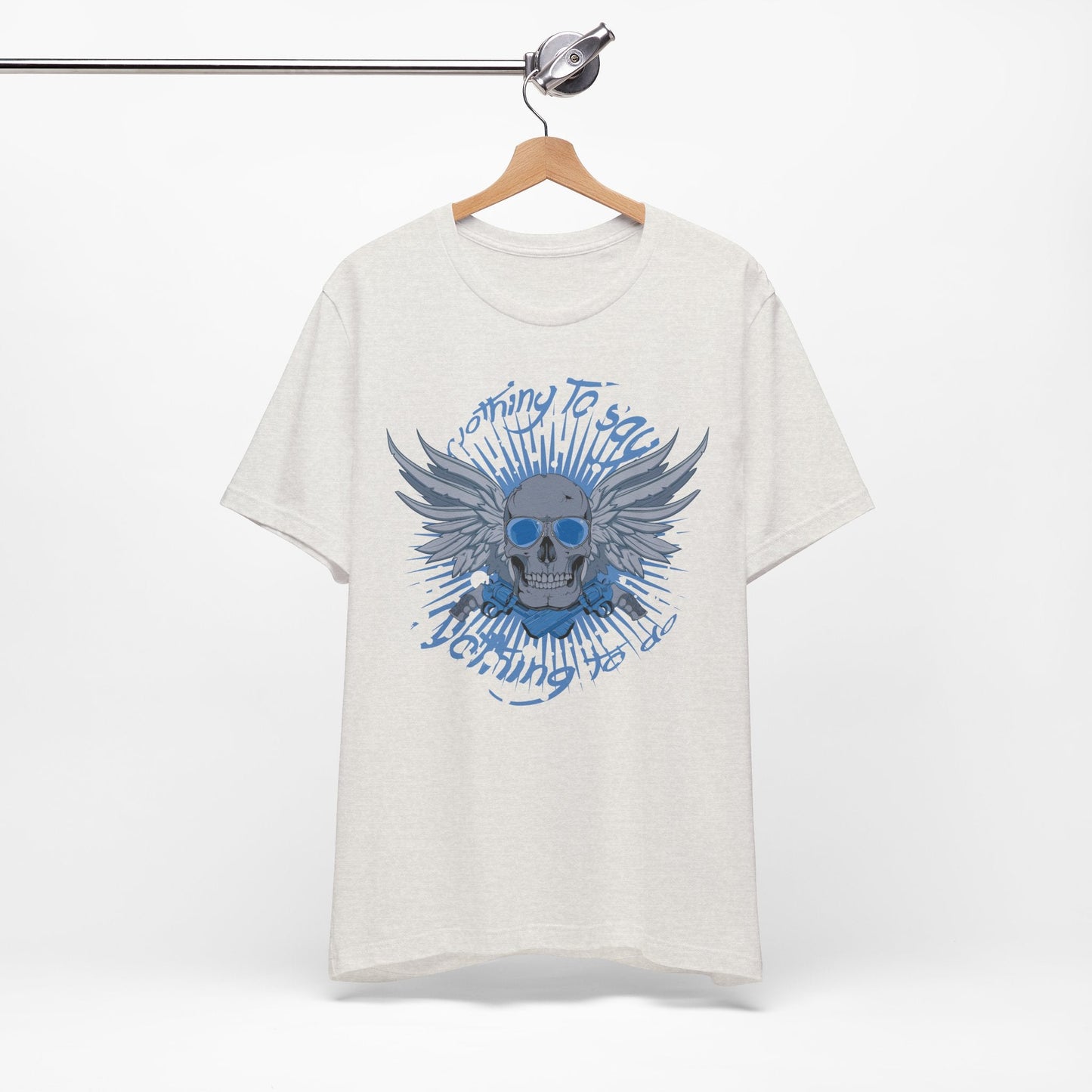 Winged Skull Graphic Tee | Blue Skull with Wings, Radiant Burst
