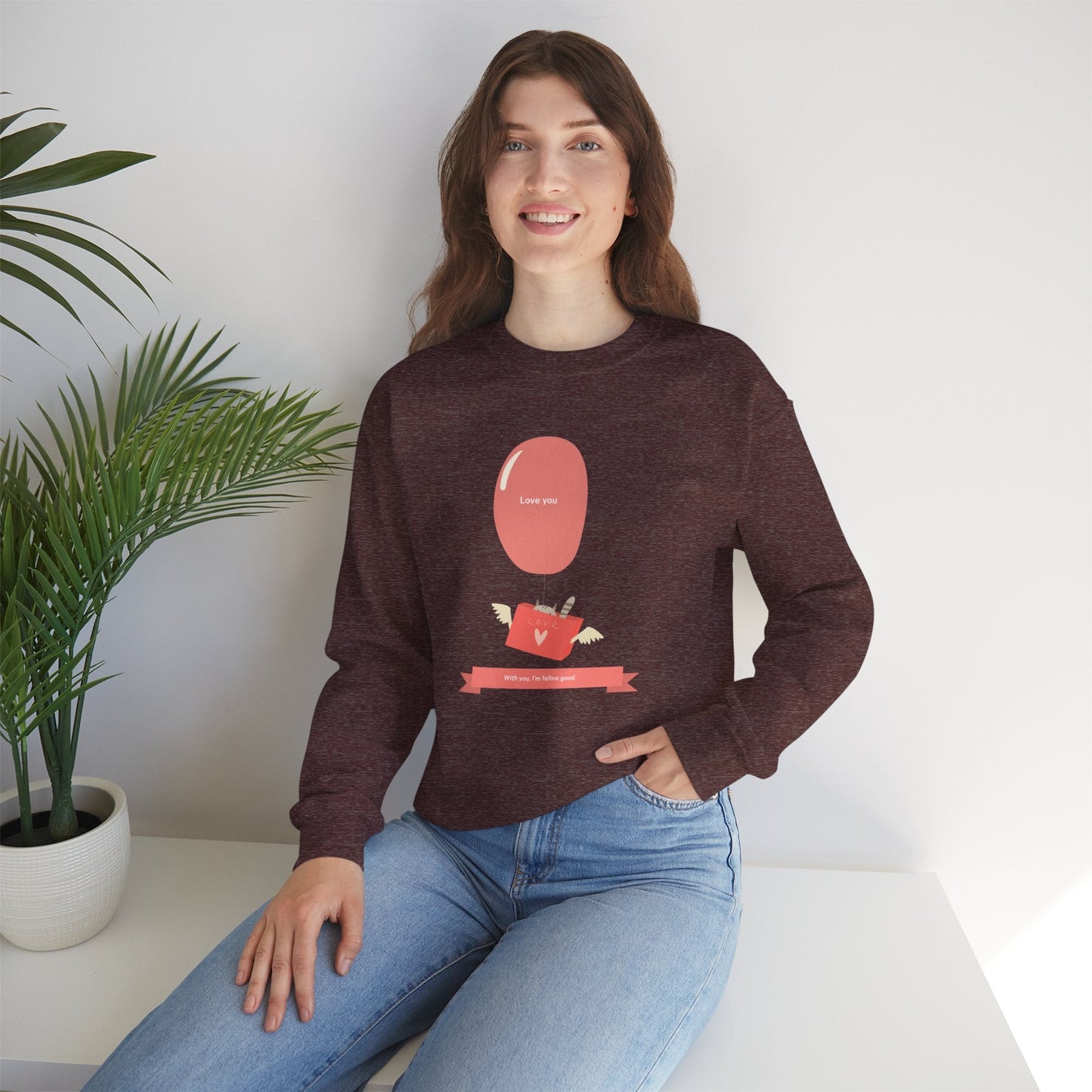 Cat Love Balloon Sweatshirt Unisex Fifty Fifty Cotton Poly Valentine Heavy Blend Crewneck Sweatshirt