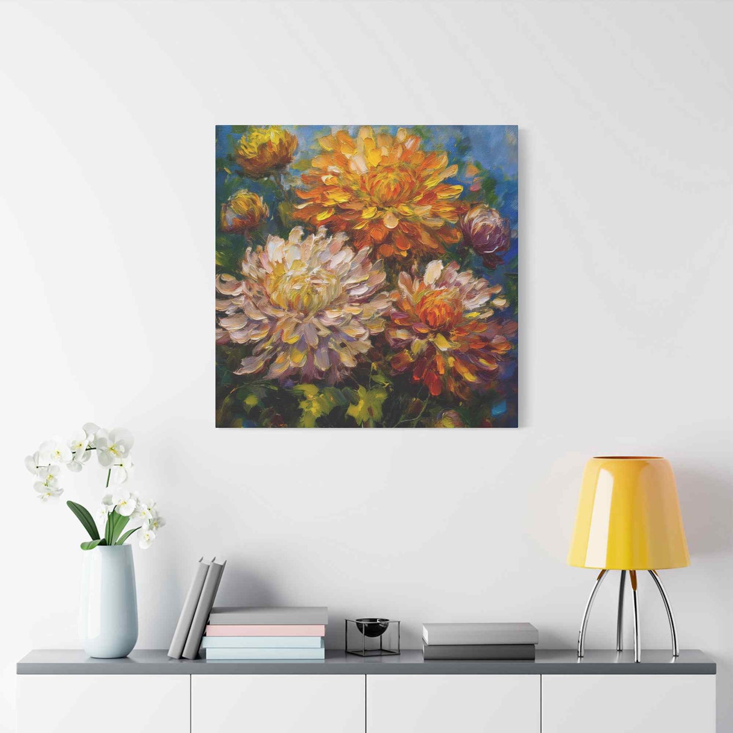Chrysanthemums Print Canvas, Floral Oil Paint Print 20x20, 24x24, 30x30, 32x32, 36x36 Art Design Pine-Wood Inner Frame MC-156
