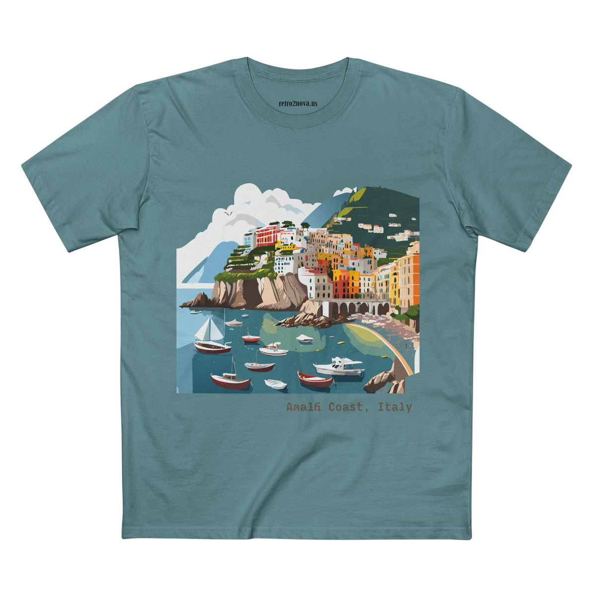 Amalfi Coast Italy Illustration T-Shirt | Coastal Village Beach Scene