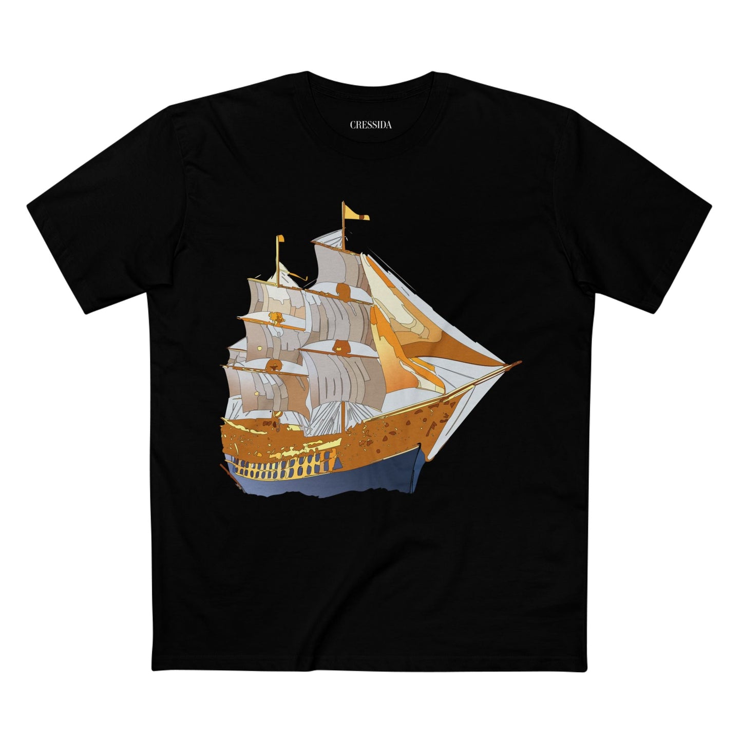 Ship Graphic Unisex 100 Cotton T-Shirt with Gold Frigate Art Design 23