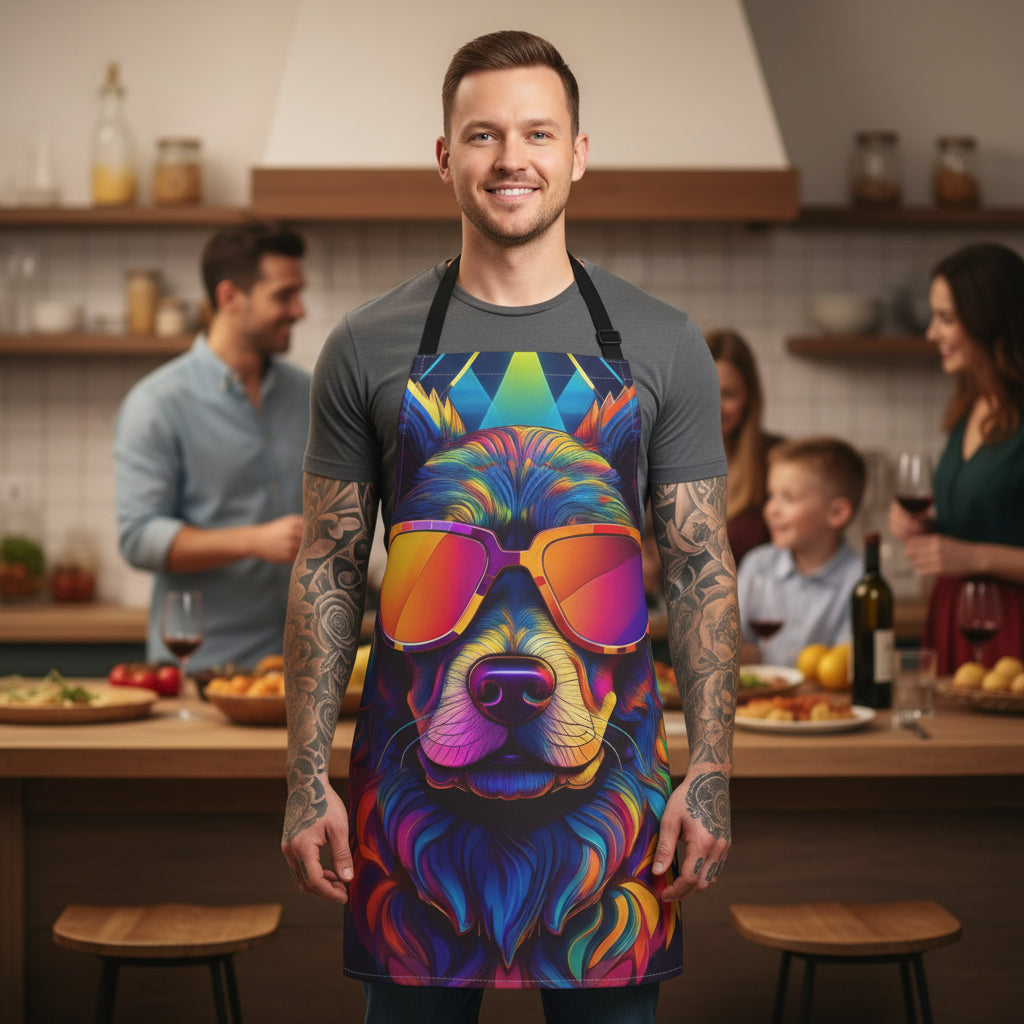 Colorful Sunglasses Dog Apron — Vibrant Neon Canine Kitchen Apron Stain-Resistant - Art Print Canvas Apron