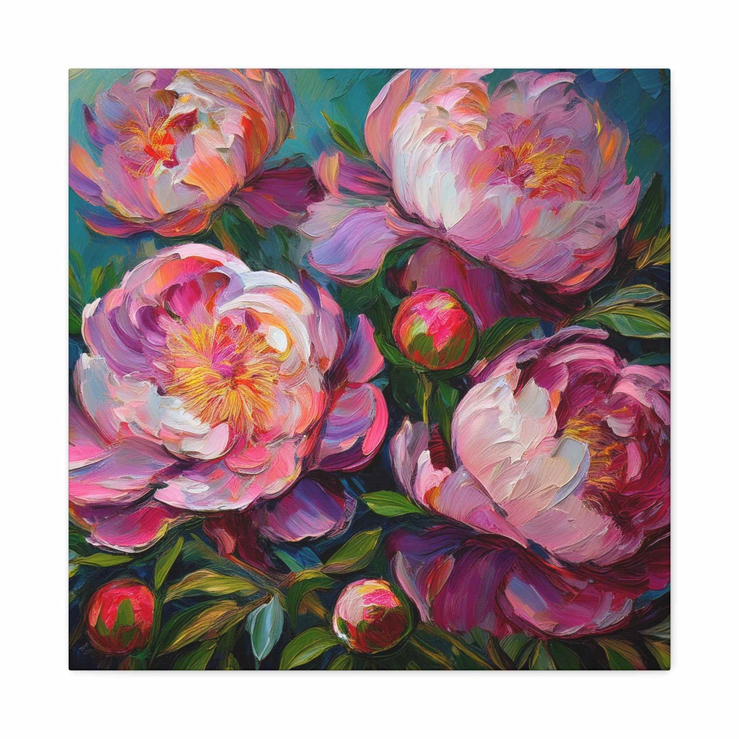 Pink Peonies Print Canvas, Floral Oil Paint Print 20x20, 24x24, 30x30, 32x32, 36x36 Art Design Pine-Wood Inner Frame MC-114