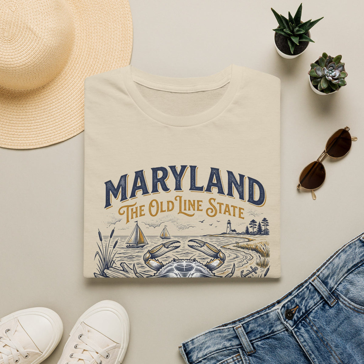 Maryland Crab T-Shirt — Maryland The Old Line State Vintage Coastal Travel Tourist Graphic Design Unisex 100 Cotton Gildan T-Shirt