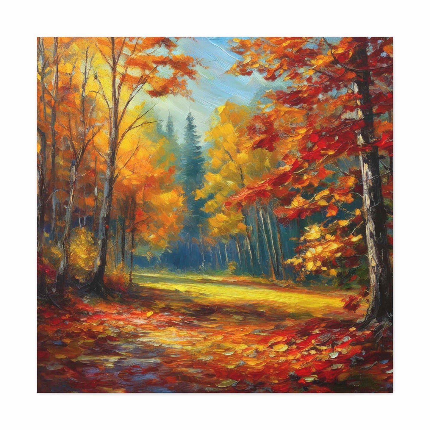 Fall Forest Print Canvas, Oil Paint Print 20x20, 24x24, 30x30, 32x32, 36x36 Art Design Print Pine-Wood Inner Frame MC-100