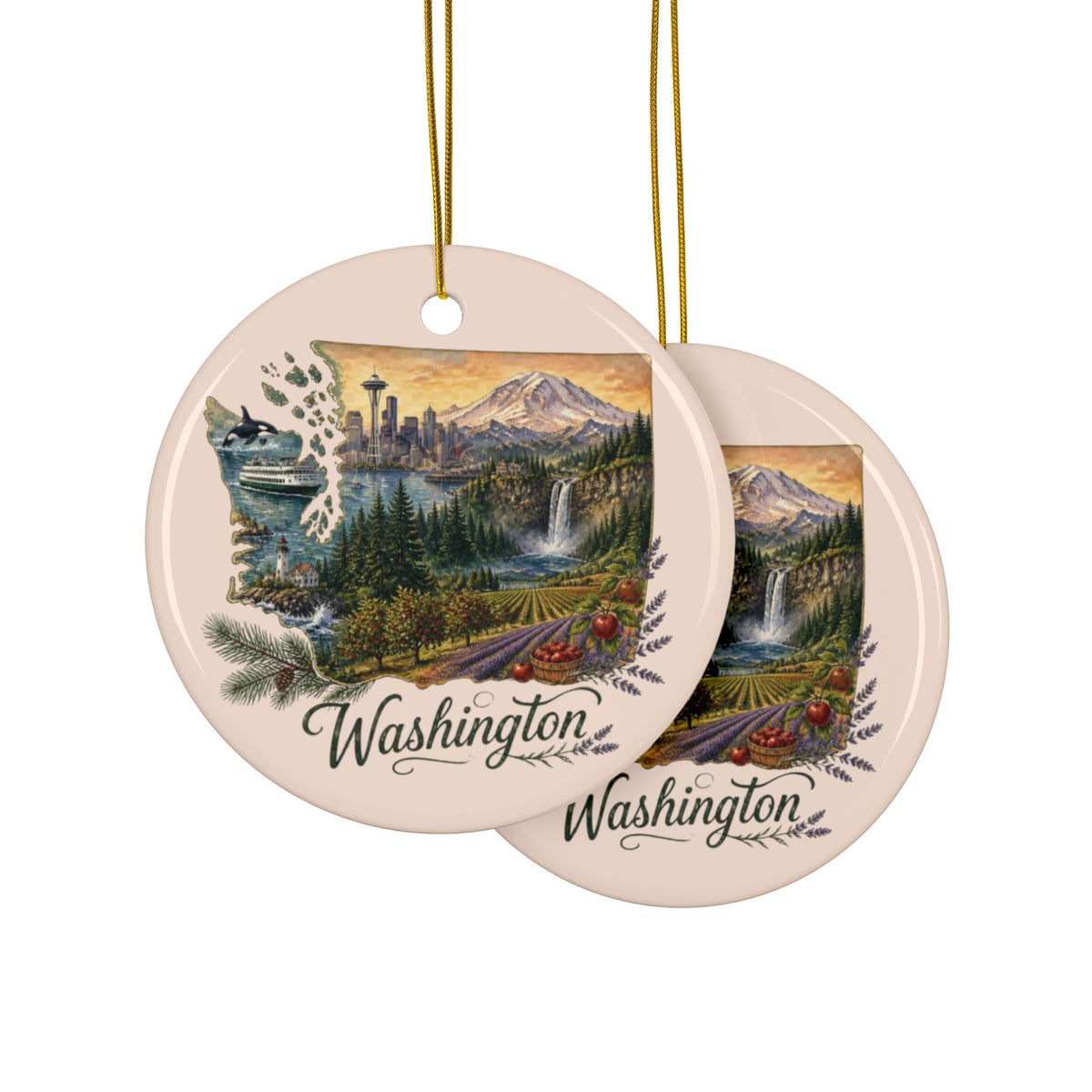 Washington State Scenery Ornament | Ceramic Round Double-Sided Ornament - 2.99" Includes Gold String