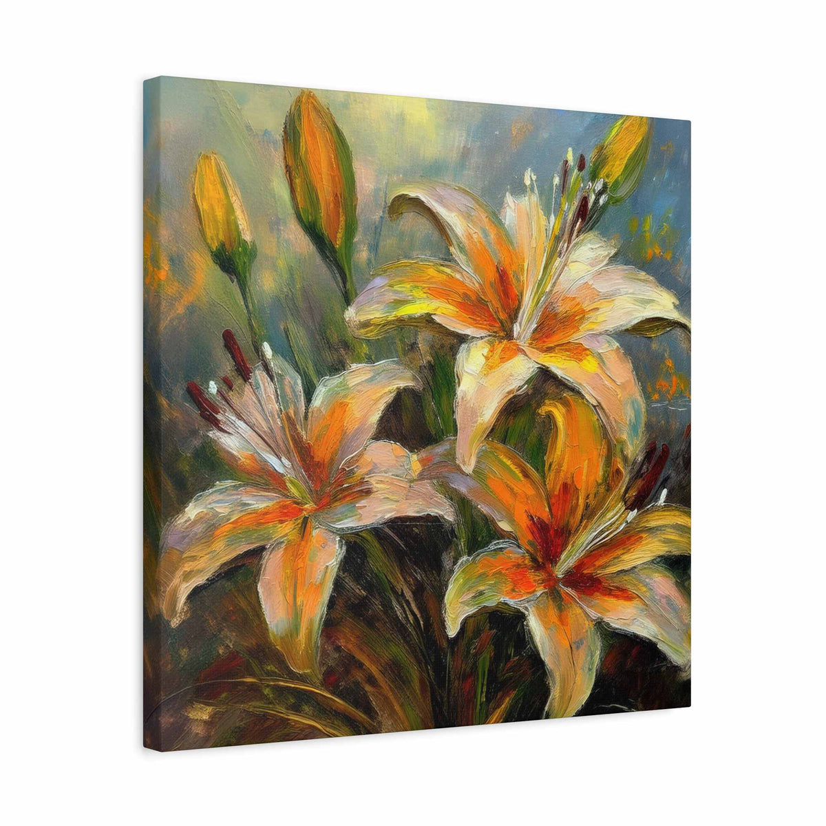 Gold Lilies Print Canvas, Floral Oil Paint Print 20x20, 24x24, 30x30, 32x32, 36x36 Art Design Pine-Wood Inner Frame MC-152