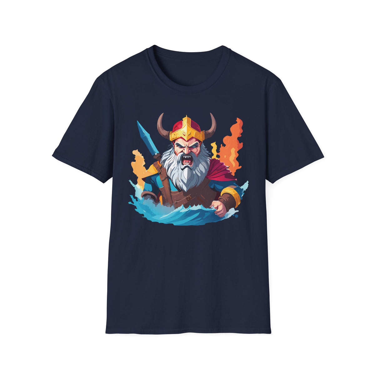 Viking Warrior Illustration T-Shirt | Horned Helmet, Sword, Flames