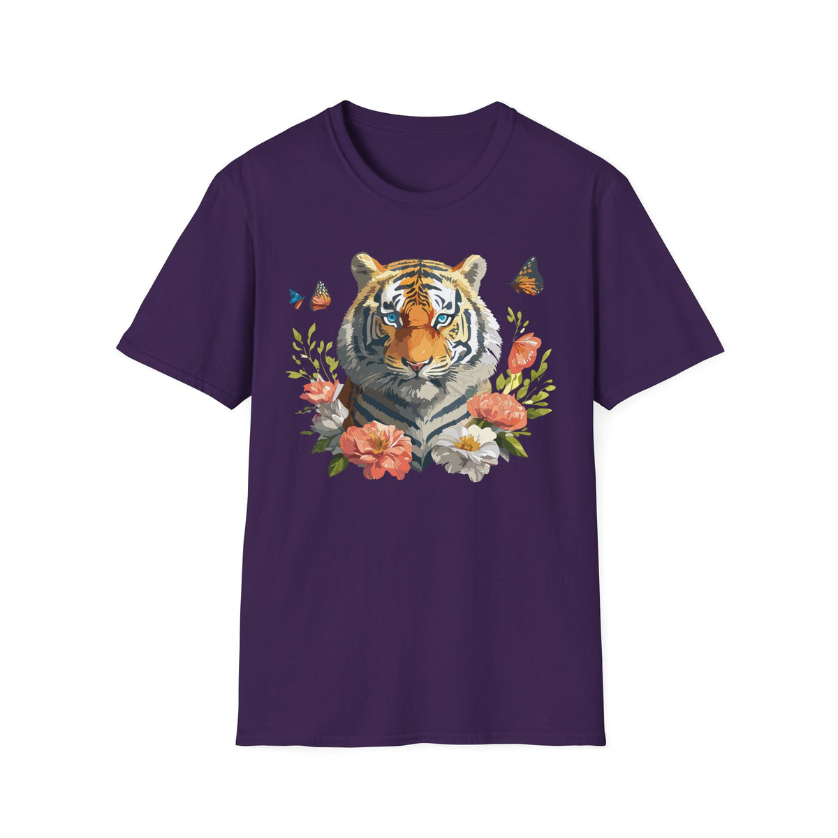 Floral Tiger Portrait T-Shirt | Watercolor Big Cat with Butterflies