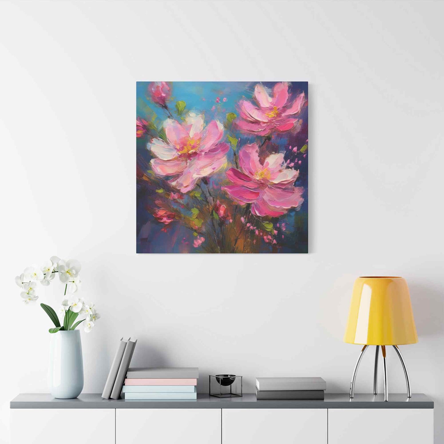Pink Flowers Print Canvas, Pink Flowers Oil Paint Print 20x20, 24x24, 30x30, 32x32, 36x36, Art Design Print Non-Frame MC-10