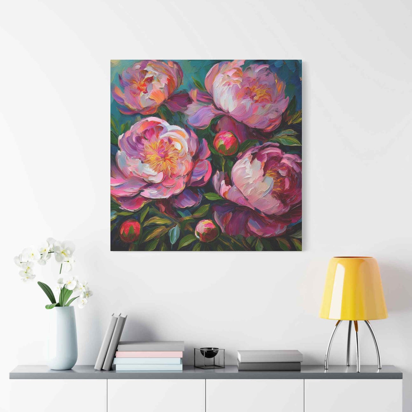 Pink Peonies Print Canvas, Floral Oil Paint Print 20x20, 24x24, 30x30, 32x32, 36x36 Art Design Pine-Wood Inner Frame MC-114