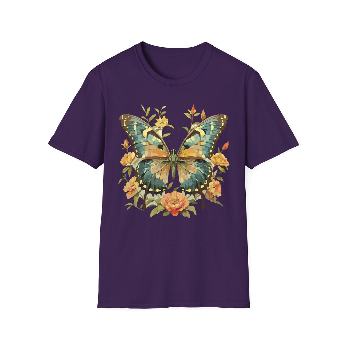 Butterfly Floral T-Shirt — Vintage Green & Gold Garden Graphic Tee Unisex 100 Cotton Gildan T-Shirt